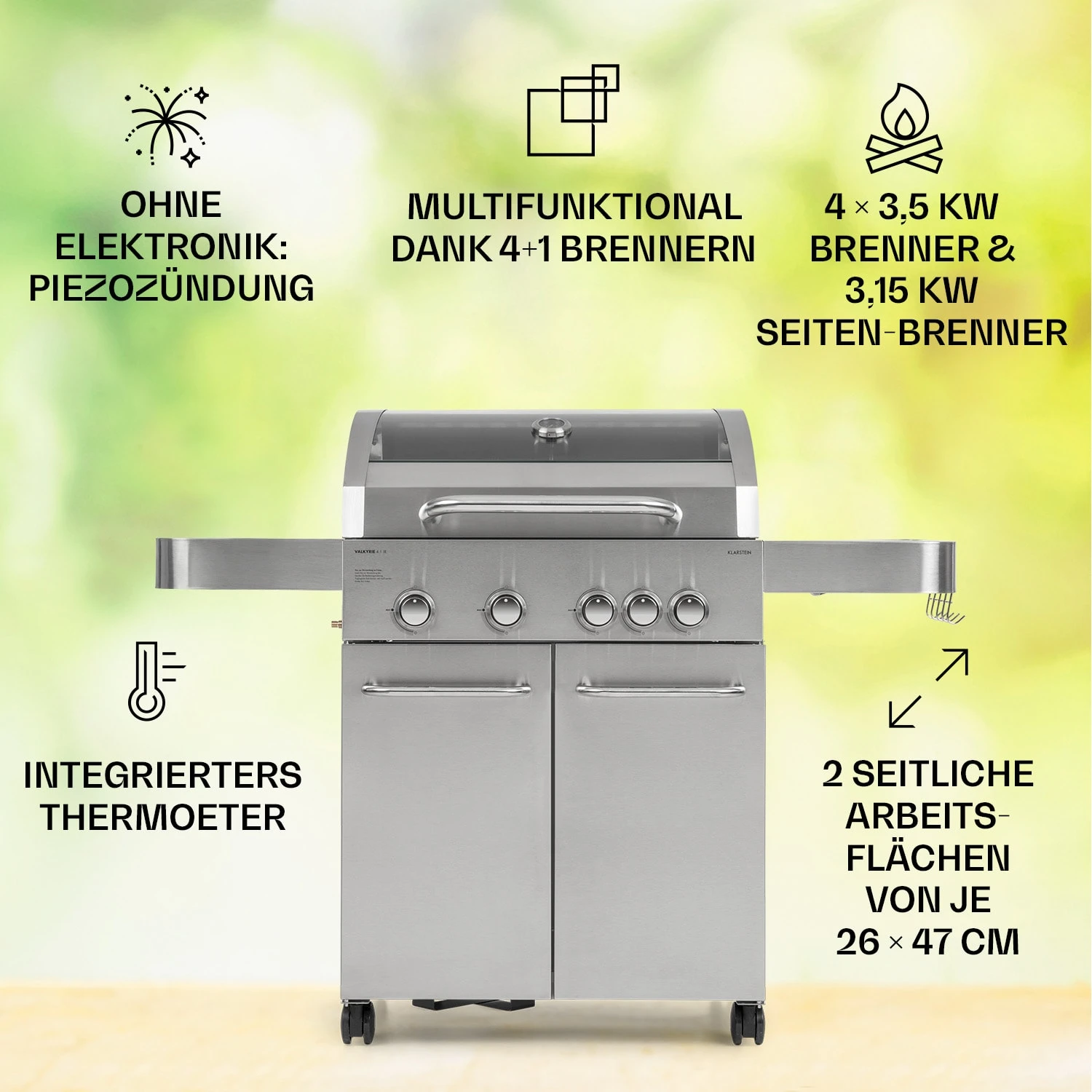 Valkyrie Gasgrill 4x3,5 KW + 3,15 KW Brenner 74x44 Cm Grill Edelstahl – Bild 2