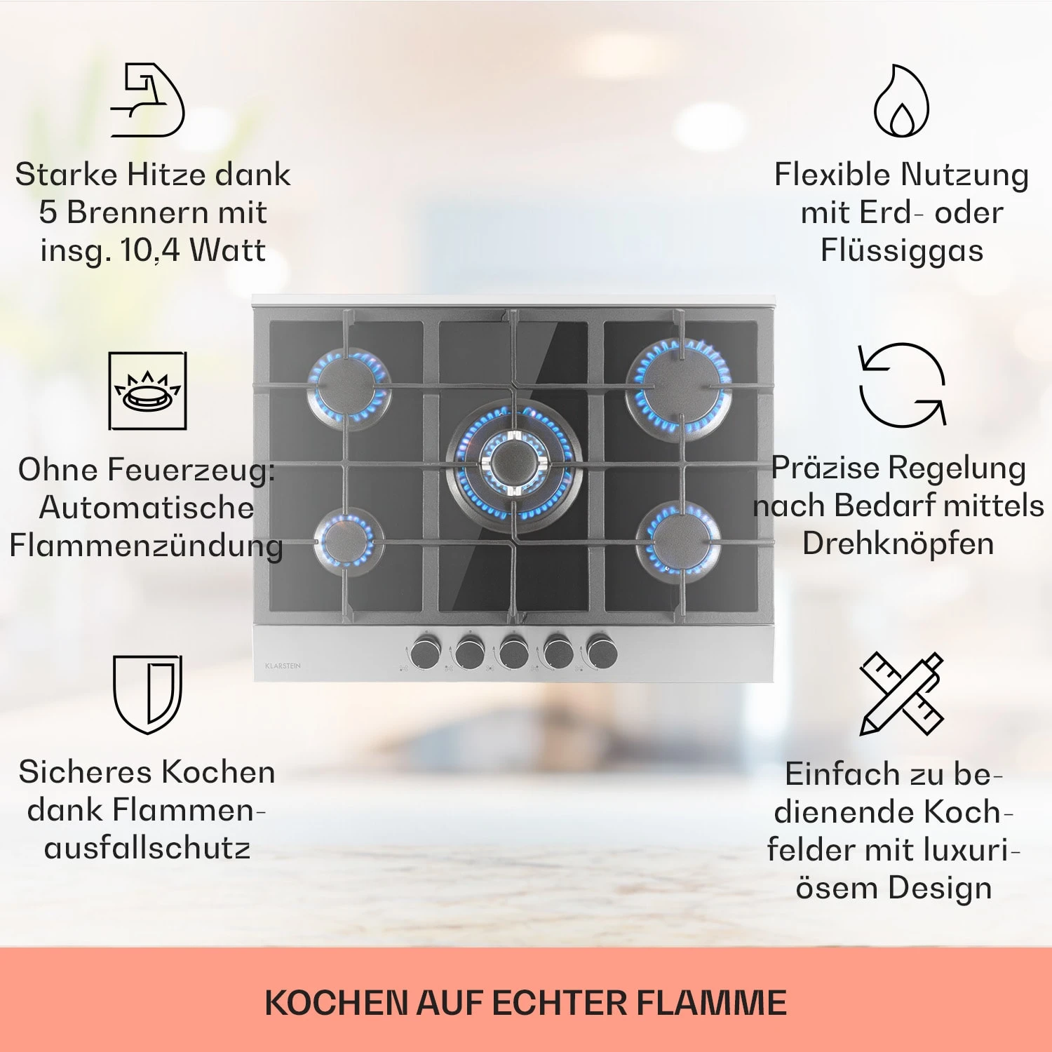 Alchemist 5 Zonen Gaskochfeld Aluminium-Brenner Glaskeramik Schwarz – Bild 2