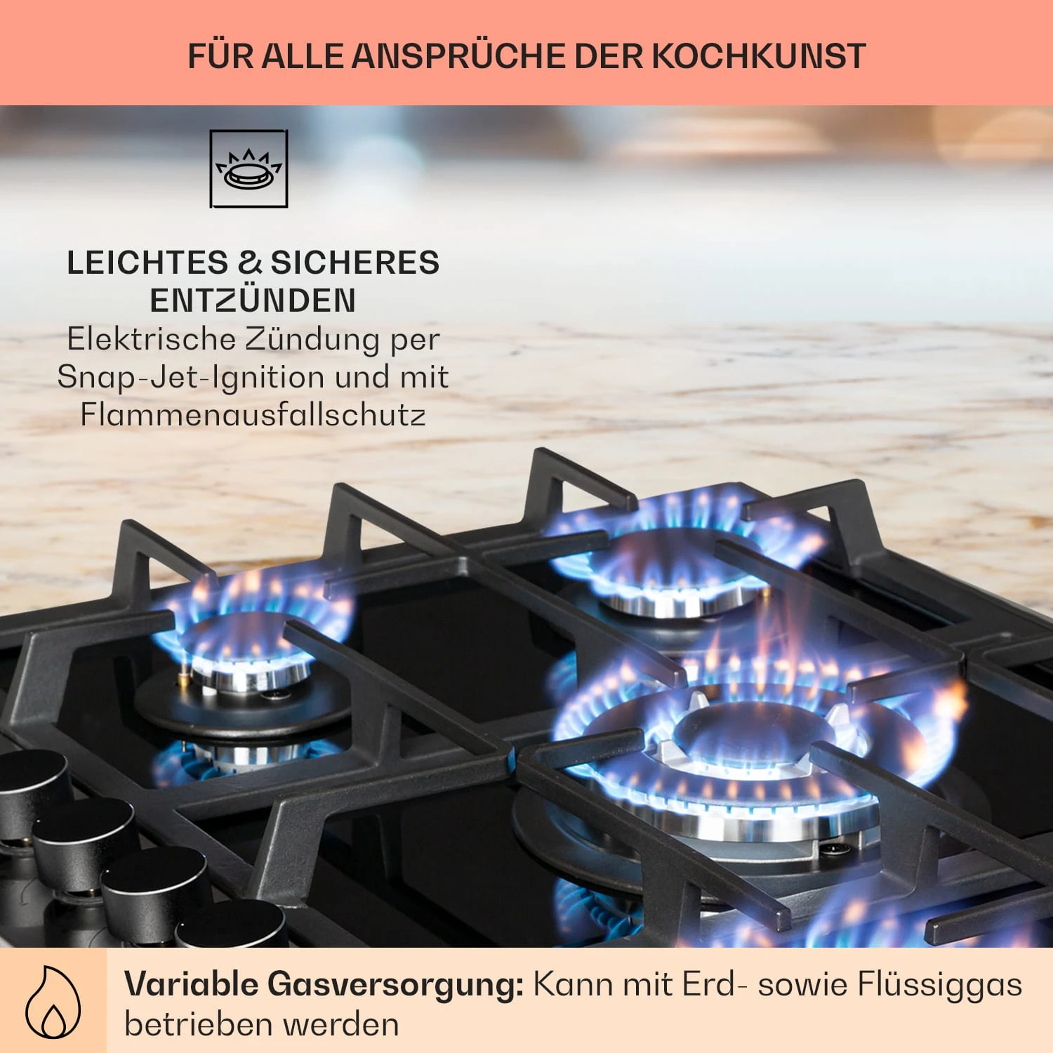 Alchemist 5 Zonen Gaskochfeld Aluminium-Brenner Glaskeramik Schwarz – Bild 5