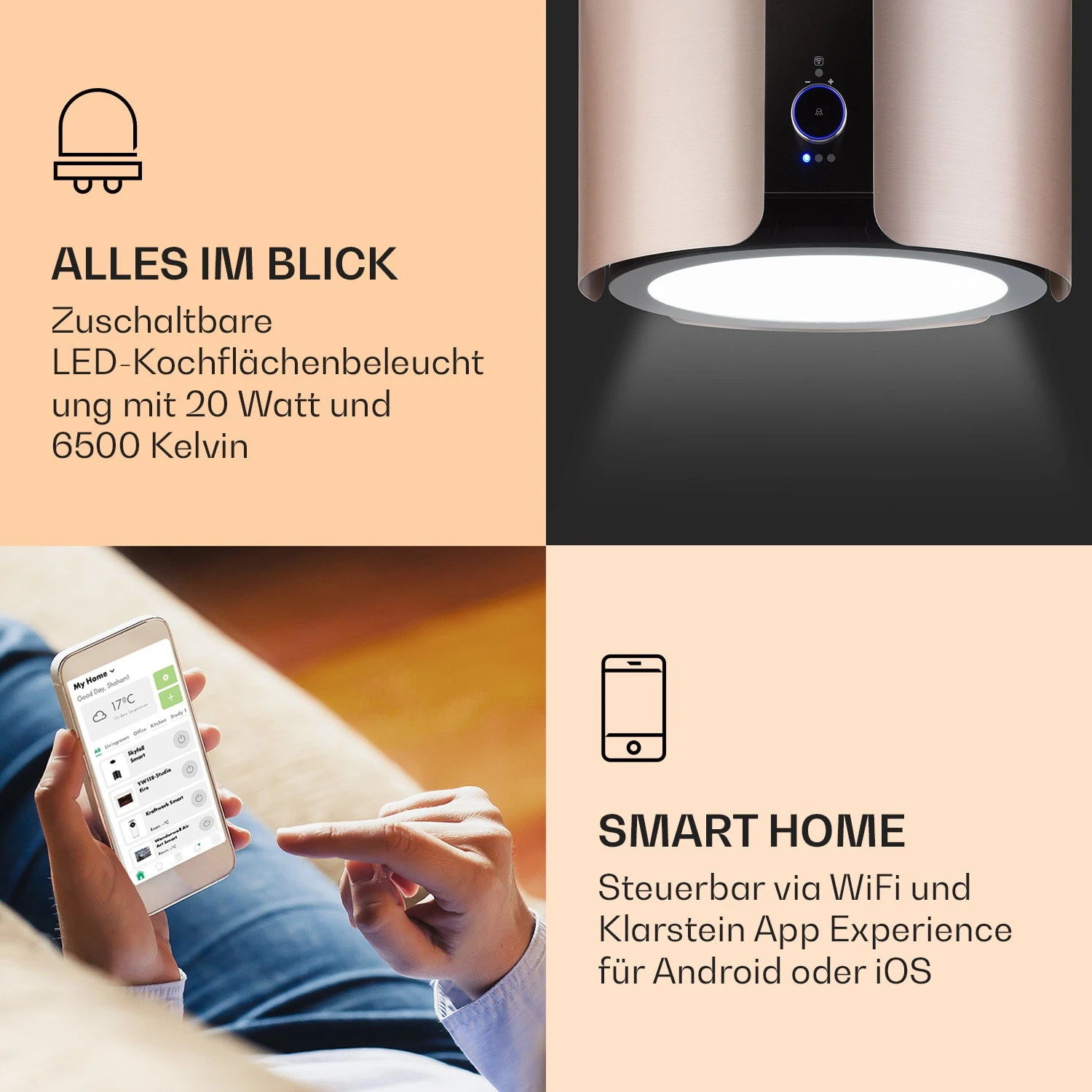 Skyfall Smart Inselabzugshaube Ø45cm Umluft 402m³/h LED – Bild 3