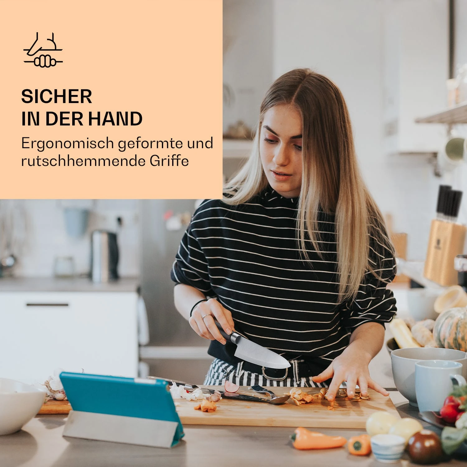 Kitano 8tlg. Messer-Set Mit Block 7 Messer Stahl Edler Holzblock – Bild 2