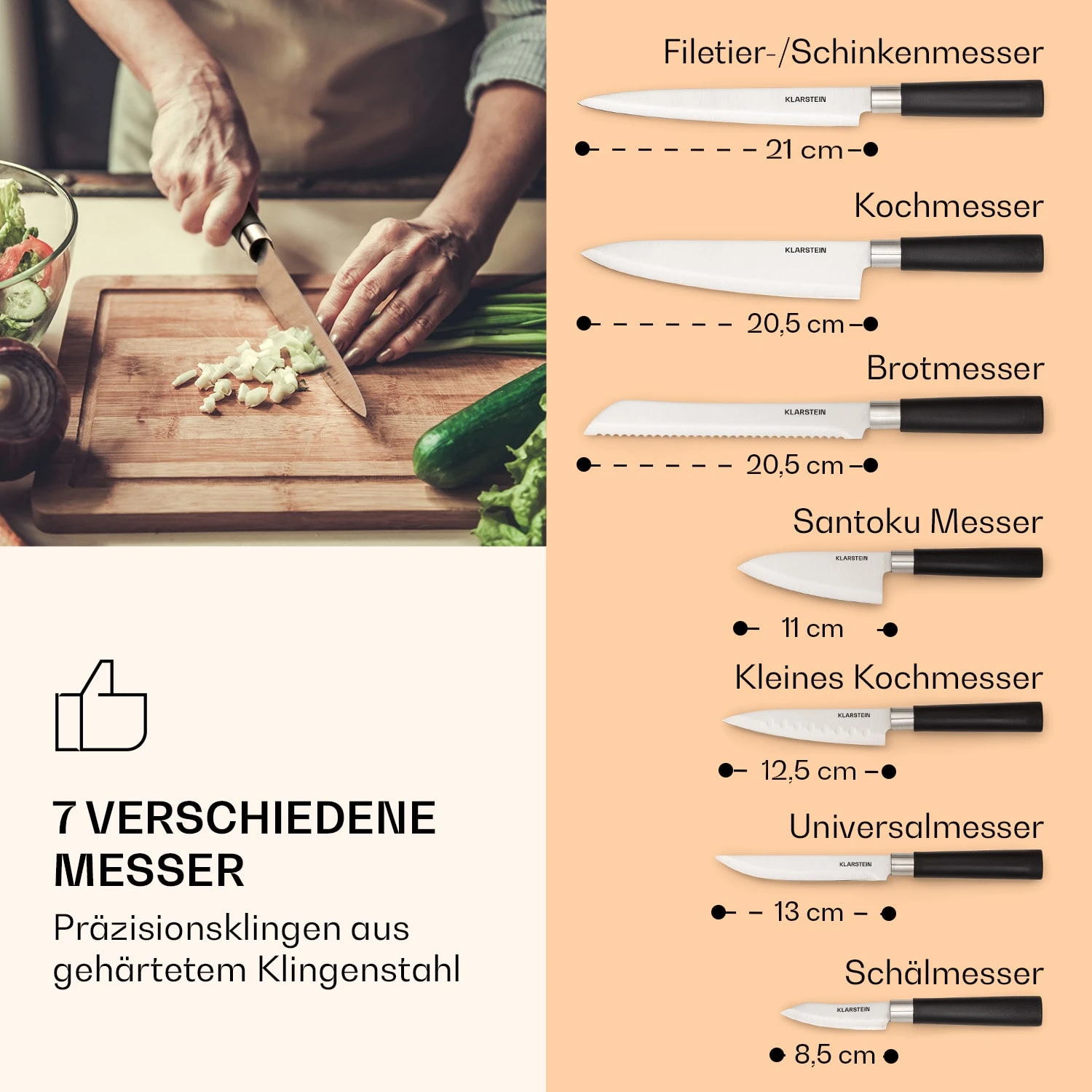 Kitano 8tlg. Messer-Set Mit Block 7 Messer Stahl Edler Holzblock – Bild 4