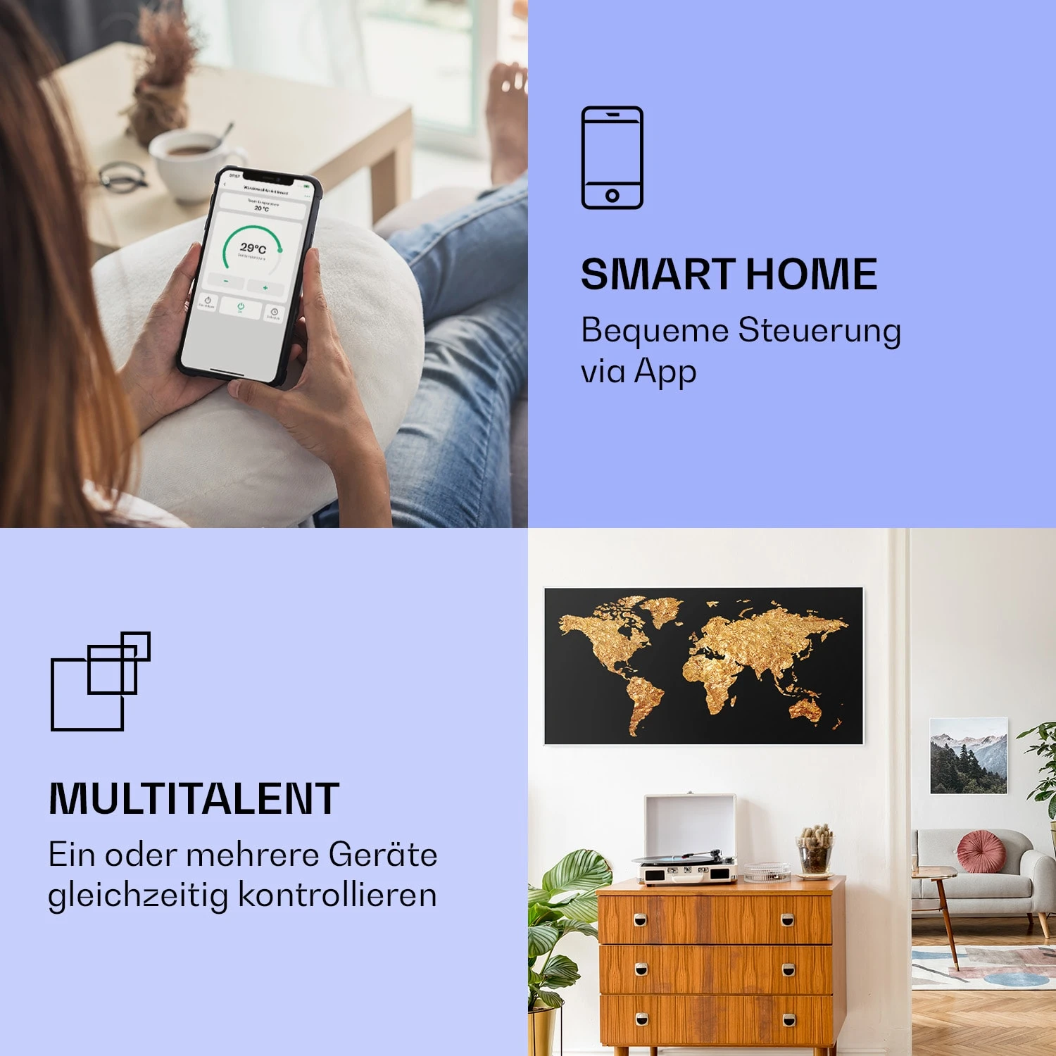 Wonderwall Air Art Smart Infrarotheizung Goldene Karte 120x60cm 700W – Bild 2