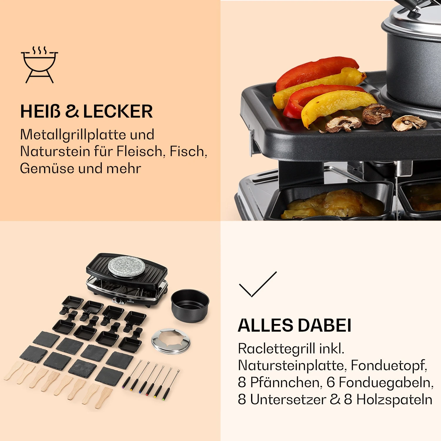 Entrecote 2-in-1 Raclette-Grill & Fondue Naturstein 1100W 8 Personen – Bild 5