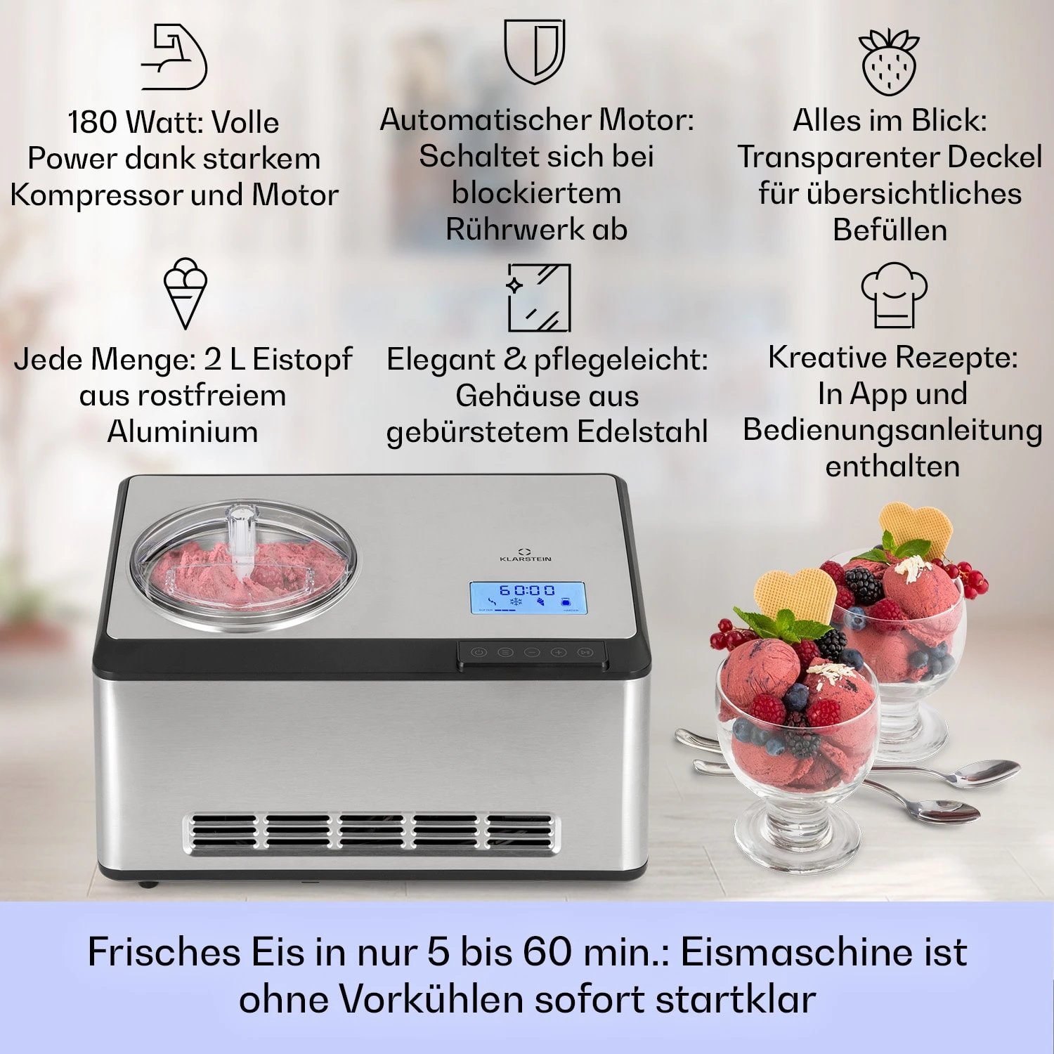 Dolce Bacio Smart Eiscremebereiter Yogurtmaker Kompressor 2 Liter WiFi Touch Edelstahl – Bild 2