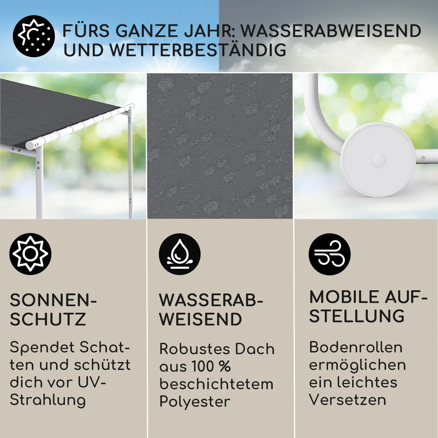 Nantes Pavillon Gazebo Sonnendach 3x3m Polyester Stahlrahmen UV50+ Bodenrollen – Bild 2