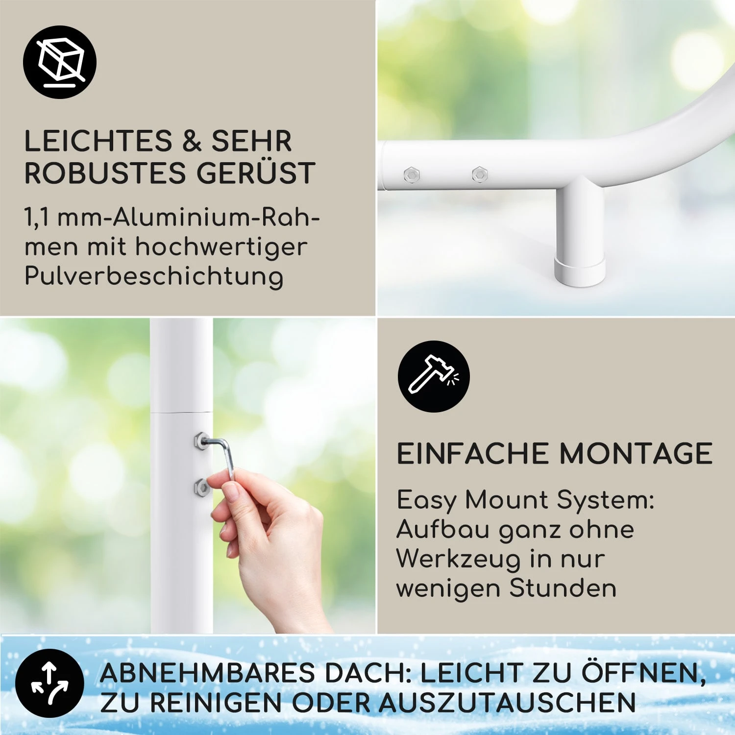 Nantes Pavillon Gazebo Sonnendach 3x3m Polyester Stahlrahmen UV50+ Bodenrollen – Bild 3