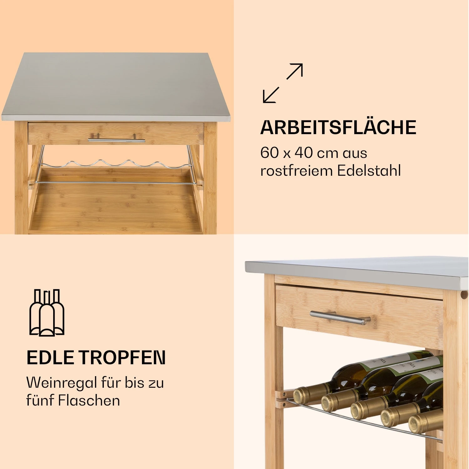 Vermont Servierwagen Küchenwagen 5 Etagen Holz Edelstahl Mobil – Bild 3