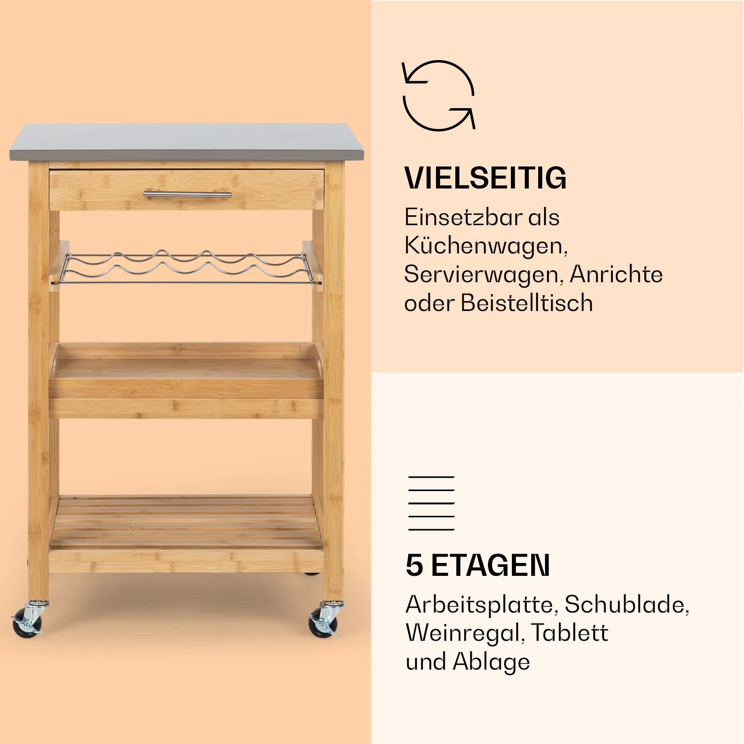 Vermont Servierwagen Küchenwagen 5 Etagen Holz Edelstahl Mobil – Bild 4