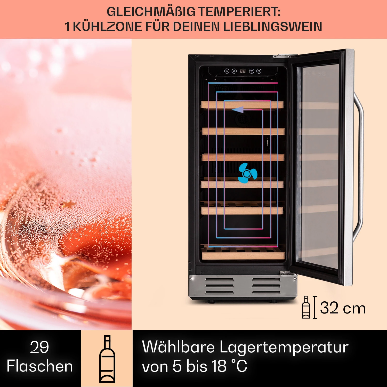 Vinovilla 29 Built-In Weinkühlschrank 81 L / 29 Fl. Glastür Edelstahl – Bild 3